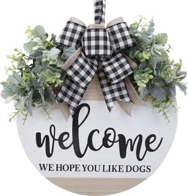 img 4 attached to Greet Guests with Charm: GLUUFLOWER 17 Inch Wooden Welcome Sign for Front Door - We Hope You Like Dogs - Decorate Your Home with Eucalyptus Wreath & Buffalo Bow - Outdoor and Indoor Door Wall Decor in Green 1