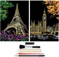 spark creativity with scratch art rainbow painting paper - night view scratchboard for all ages, including 6 tools, eiffel tower & big ben design - 2 pack! logo