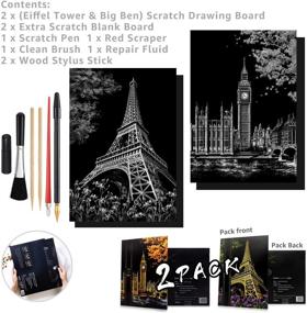 img 3 attached to Spark creativity with Scratch Art Rainbow Painting Paper - Night View Scratchboard for all ages, including 6 tools, Eiffel Tower & Big Ben design - 2 Pack!