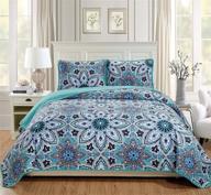🌸 fancy linen 2pc twin/twin xl bedspread quilt set with turquoise, navy blue, grey, and white flowers - oversized bed cover for a new look logo