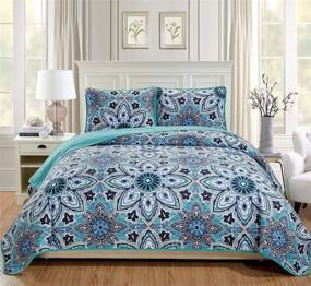 img 1 attached to 🌸 Fancy Linen 2pc Twin/Twin XL Bedspread Quilt Set with Turquoise, Navy Blue, Grey, and White Flowers - Oversized Bed Cover for a New Look
