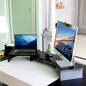 img 2 attached to 🖥️ Adjustable Dual Monitor Stand Riser with 3 Shelves - Multifunctional Screen Stand for TV, PC, Computer, Laptop, Printer - Desktop Organizer in Black