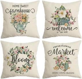 img 4 attached to 🌸 CROWNED BEAUTY Spring Pillow Covers 18x18 Set of 4 - Flower Market Rustic Spring Decor for Home Couch - Farmhouse Throw Pillow Cushion Case CP017-18