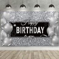 🎉 happy birthday backdrop banner | black white balloons silver | photo photography background for men women birthday anniversary party decorations supplies - 72.8 x 43.3 inch logo