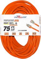 75 ft extension cord 10/3 sjtw with lighted end - orange- indoor / outdoor heavy duty extra durability 15 amp 125 volts 1875 watts etl listed - by lifesupplyusa logo