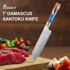 img 3 attached to 🔪 Нож Santoku FOSSIBOT 7 дюймов: сердцевина из высокоуглеродистой стали VG10, мартеновский дамасский клинок, синяя ручка из смолы - упакован в подарочную коробку.