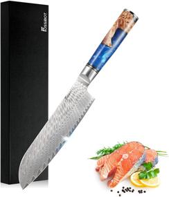 img 4 attached to 🔪 Нож Santoku FOSSIBOT 7 дюймов: сердцевина из высокоуглеродистой стали VG10, мартеновский дамасский клинок, синяя ручка из смолы - упакован в подарочную коробку.