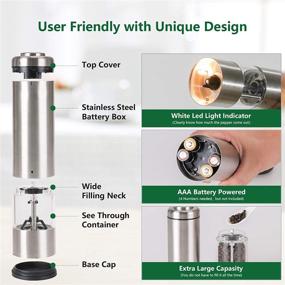 img 1 attached to Electric Salt and Pepper Grinder Set, Stainless Steel Mill with Stand (2 Pack), Battery Operated Refillable One-Handed Built-in LED Light, Electronic Motorized Shakers