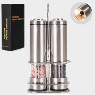 electric salt and pepper grinder set, stainless steel mill with stand (2 pack), battery operated refillable one-handed built-in led light, electronic motorized shakers logo