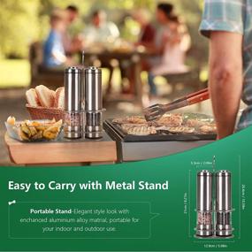 img 2 attached to Electric Salt and Pepper Grinder Set, Stainless Steel Mill with Stand (2 Pack), Battery Operated Refillable One-Handed Built-in LED Light, Electronic Motorized Shakers