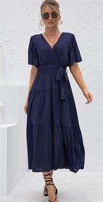 img 1 attached to 👗 iRACHEU Women's Bohemian V Neck Ruffle Cap Short Sleeve Belted A-Line Swing Midi Sun Dress for Summer