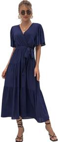 img 4 attached to 👗 iRACHEU Women's Bohemian V Neck Ruffle Cap Short Sleeve Belted A-Line Swing Midi Sun Dress for Summer