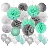 🎉 delightful baby shower decor: 45pcs mint green gray white pom poms, lanterns, honeycomb balls, latex balloons - perfect for wedding, bridal shower and birthday parties! logo