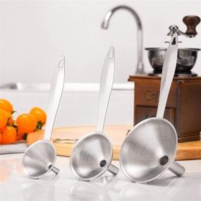 img 2 attached to AYI and AYEE Stainless Steel Funnel Set - Pack of 3 - Large (3") + Medium (2-1/5") + Small (1-4/5") - for Liquids and Dry Ingredients - Ideal for Narrow Bottles - Extended Handle - Dishwasher Safe