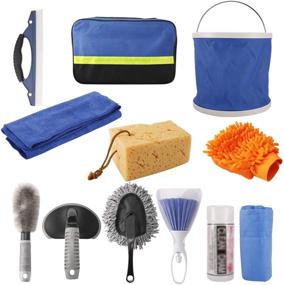 img 4 attached to HighFree 11pcs Car Cleaning Kit: Complete Interior and Exterior Cleaning Solution with Bag – Tire Brush, Wash Sponge, Duster, Wash Cloths, Window Water Scraper, Deel Towel, Collapsible Bucket, Wash Glove Included