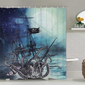 img 4 attached to Ocean Kraken Attack Nautical Pirate Ship Shower Curtain with Octopus Tentacles and 12 Hooks, Sailboat Wave Mountain Under Moon Starry Sky Shower Curtain – Waterproof and Durable