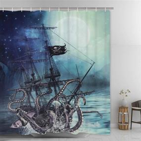 img 3 attached to Ocean Kraken Attack Nautical Pirate Ship Shower Curtain with Octopus Tentacles and 12 Hooks, Sailboat Wave Mountain Under Moon Starry Sky Shower Curtain – Waterproof and Durable