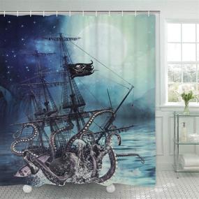 img 2 attached to Ocean Kraken Attack Nautical Pirate Ship Shower Curtain with Octopus Tentacles and 12 Hooks, Sailboat Wave Mountain Under Moon Starry Sky Shower Curtain – Waterproof and Durable