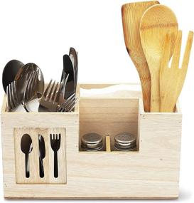 img 4 attached to Kitchen Cutlery Holder, Wooden Utensil Caddy for Organizing Supplies (11 x 4.8 x 6 Inches)