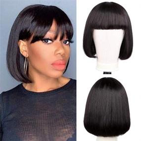 img 3 attached to Stunning Brazilian 8inch Bob Wigs with Bangs for Black Women - Straight Human Hair, Full Machine Made & Natural Color