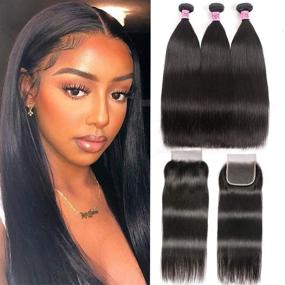 img 4 attached to 👩 Unice Malaysian Straight Hair Bundles with Free Part Lace Closure - 100% Unprocessed Virgin Human Hair Extensions (18 20 22+16Closure)