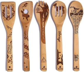 img 4 attached to 🧙 Set of 5 Organic Burned Engraved Wooden Spoons for Cooking Utensils - Magical Wizard Harry Potter Kitchen Bamboo Tools and Accessories - Ideal Halloween Gifts for Women, Baking, Weddings, and Housewares