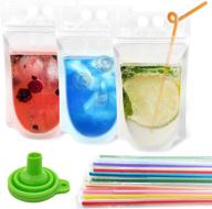 🥤 set of 100 reusable drink pouches with individually wrapped straws | clear smoothies & juices bags | stand-up plastic double zipper frozen drink pouches for adults | includes 16oz capacity | silicone funnel included logo