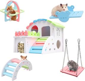 img 4 attached to 🐹 Enhanced Syrian Hamster Toys Set: Large Hamster House, Gerbil Hideout, Seesaw, Guinea Pig Exercise Toys, Rainbow Bridge, Swing, and More!