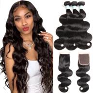 fairgreat hair brazilian body wave bundles: необработанные вершины волос человека с волной тела бразильские натурально черные волосы с закрытием шнурка 4x4 (18 20 22+16 closure) логотип