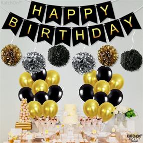 img 3 attached to Premium Black and Gold Happy Birthday Banner for Men - Complete Pack of 25 Happy Birthday Sign, PomPoms, Balloons, Decorations - Birthday Party Decorations Set