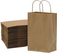 100 pcs brown paper bags with handles - small size 6x3x9 inches, bulk gift bags, kraft, party, favor, goody, take-out, merchandise, retail bags, 80% pcw logo