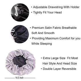 img 3 attached to Extra Large Double Layer Reversible Adjustable Satin Sleep Cap - Cospack Satin Bonnet Hair Bonnet Cap Black+Silver