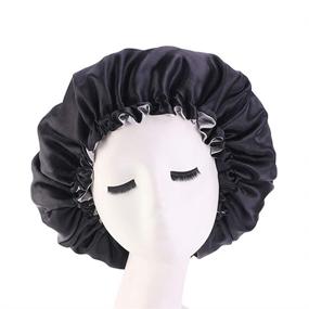 img 4 attached to Extra Large Double Layer Reversible Adjustable Satin Sleep Cap - Cospack Satin Bonnet Hair Bonnet Cap Black+Silver