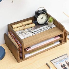 img 3 attached to 📥 Natural 3-Tier Office Mail Sorter Organizer Rack/Telephone Stand/Document Holder in Dark Brown - Kirigen Wood Desk Organizer with 5 Trays, Ideal for Folders, Mail, and Files (2TP-DBR)