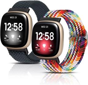 img 4 attached to Премиум [2 упаковки] Плетеные нейлоновые браслеты Minyee для Fitbit Versa 3 / Sense - регулируемые и мягкие эластичные браслеты для женщин и мужчин