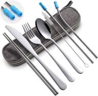 reusable stainless steel travel utensils set - portable cutlery kit with case, 8pcs including dinner knife, fork, spoon, chopsticks, and straws (silver) logo