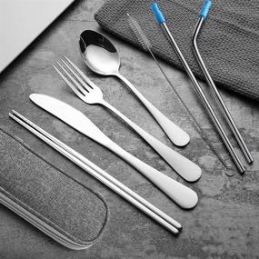 img 3 attached to Reusable Stainless Steel Travel Utensils Set - Portable Cutlery Kit with Case, 8pcs Including Dinner Knife, Fork, Spoon, Chopsticks, and Straws (Silver)