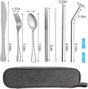 img 2 attached to Reusable Stainless Steel Travel Utensils Set - Portable Cutlery Kit with Case, 8pcs Including Dinner Knife, Fork, Spoon, Chopsticks, and Straws (Silver)