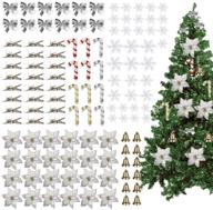 🎄 120pcs silver christmas tree ornaments set: glitter poinsettia flowers, mini christmas bows, and hanging bells - ideal for xmas wreaths decorations logo