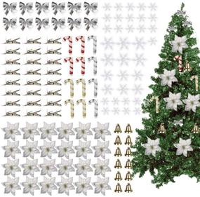 img 4 attached to 🎄 120pcs Silver Christmas Tree Ornaments Set: Glitter Poinsettia Flowers, Mini Christmas Bows, and Hanging Bells - Ideal for Xmas Wreaths Decorations