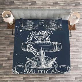 img 1 attached to Ambesonne Marine Bedspread: Nautical Knot Compass Anchor Pattern with Sea World Ocean Life Grunge Illustration – King Size, Blue White