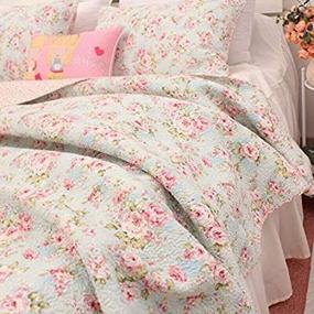 img 1 attached to 🛏️ 3-Piece Shabby Chic Country Cottage Floral Bedspread Quilt Coverlet Patchwork Set in Light Blue Queen Size - 100% Cotton