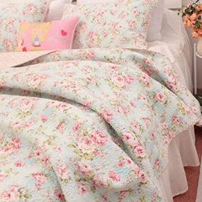 img 2 attached to 🛏️ 3-Piece Shabby Chic Country Cottage Floral Bedspread Quilt Coverlet Patchwork Set in Light Blue Queen Size - 100% Cotton