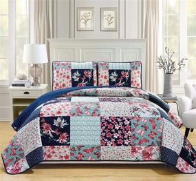 img 1 attached to 🌸 Stella Collection 3-Piece Oversized King/California King Bedspread Coverlet Quilted in Flower Butterfly Print, Off White, Navy Blue, Teal Green, Red, measuring 118" x 95" - New