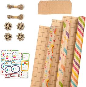 img 4 attached to RUSPEPA Wrapping Paper Rolls with Tags, Stickers and Jute String - Set of 🎁 3 Rolls - 17 inches x 10 feet per Roll - Ideal for Birthday Gifts