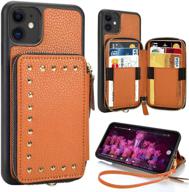 📱 zve iphone 11 wallet case with credit card slot and zipper money holders - brown logo