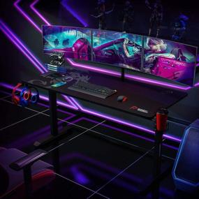 img 3 attached to 🎮 SEVEN WARRIOR Gaming Desk 60 INCH: T-Shaped Carbon Fiber Surface Computer Desk with Full Desk Mouse Pad, Double Headphone Hook, USB Gaming Rack, Cup Holder - Ultimate E-Sport Style Gamer Desk