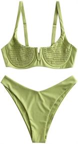 img 4 attached to Stylish ZAFUL Green Ribbed Shoulder Underwire Swimsuit for Women