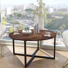 img 4 attached to Modern Round Coffee Table for Kitchen, Dining, and Office - 🪑 Leisure Tea Table, Conference Table, Pedestal Desk, Computer Study Desk - Rustic Brown/Black