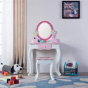 img 3 attached to 🎀 YFDZONE Wooden Vanity Table and Stool Set: Pink Children Dressing Table with Mirror and Chair - Ideal Makeup Table for Girls